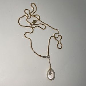 Solid 14K Yellow Gold Pearl Diamond Lariat Drop Vintage Necklace Italy